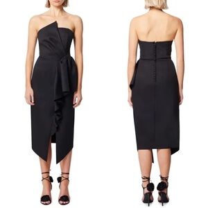 NEW ELLIATT Black RECEPTION Cascade RUFFLE Strapless COCKTAIL Midi DRESS Large